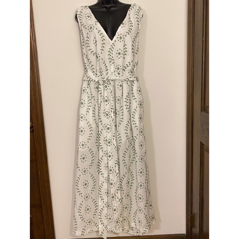A New Day‎ Green Embroidery White Maxi Dress XL V-Neck Cross Back Cotton NWT